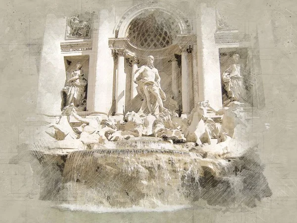 Fontana di Trevi a Roma Disegno Vintage Illustrazione — Foto Stock