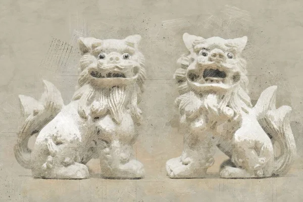 Shisa Chinese Home Protector Lions Vintage Art Illustration — 스톡 사진