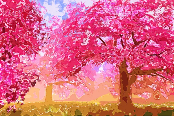 Blommande träd i vårblommande trädgård Lowpoly Art Illustration — Stockfoto