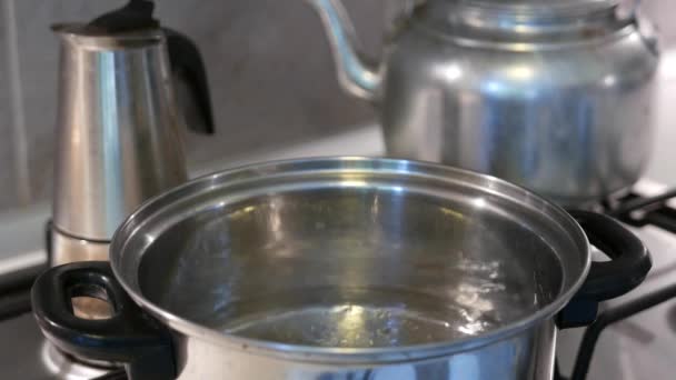 Kochendes Wasser Metalltopf — Stockvideo