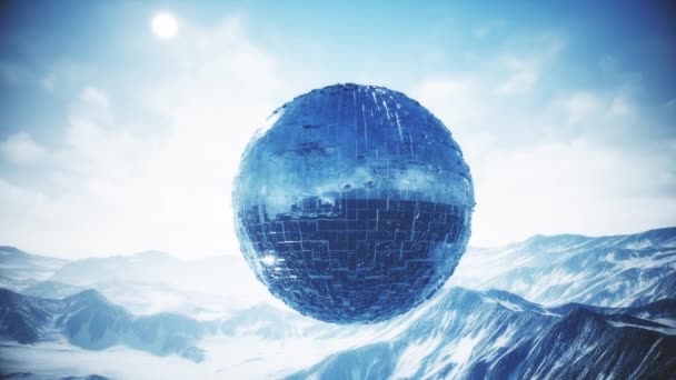 Alien Ufo Globe Winter Rocky Mountains Animatie — Stockvideo