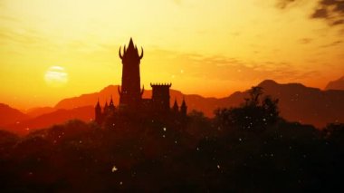 Ateşli Günbatımlı Fantezi Şatosu Gizemli Toprakta 3 Boyutlu Animasyon