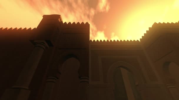 日落时分3D动画中的4K中东风格幻想建筑 — 图库视频影像