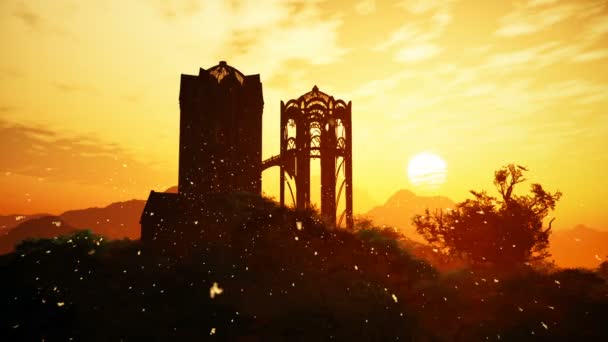 夕暮れ時の不気味なエルフファンタジー城 3Dアニメーション — ストック動画
