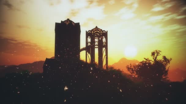 Castillo Elfos Escena Fantasía Espeluznante Con Moscas Fuego Animación — Vídeos de Stock