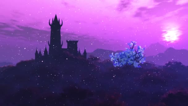 Fantasy-Schloss und Feuerfliegen in einer geheimnisvollen Welt 3D-Animation 2