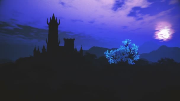Fantasy Castle Wzgórzu Bajkowej Animacji Mystery Land Night — Wideo stockowe