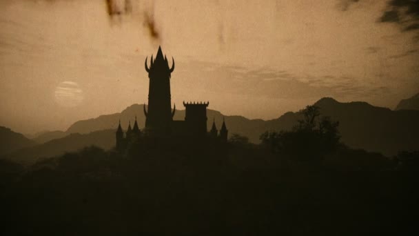 Fantasía Castillo Puesta Sol Una Tierra Misteriosa Animación Vintage — Vídeo de stock