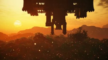 Sürrealist Tepetaklak Kale Fantezi Sahnesi Ateş Sinekleri 3 boyutlu animasyon