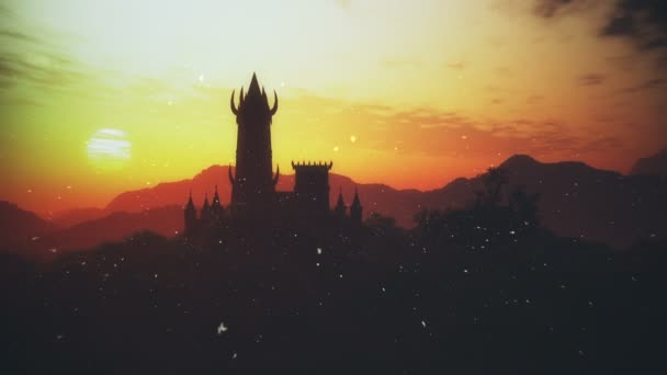 Gruselige Fantasy-Burg Sonnenuntergang mit Feuerfliegen in einem geheimnisvollen Land 3D-Animation
