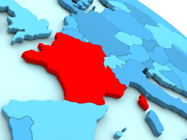Frankreich in Rot auf blauem Globus — Stockfoto