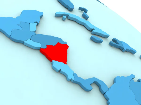 Nicaragua in Rot auf blauem Globus — Stockfoto