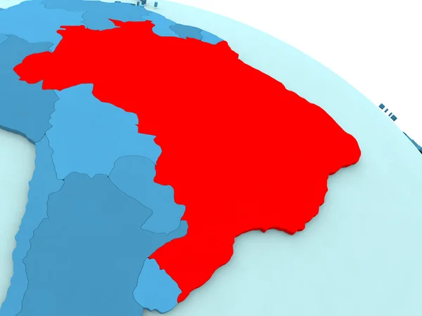 Бразилия в красном на голубом глобусе — стоковое фото