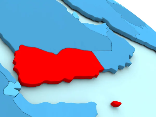 Yemen in rosso su globo blu — Foto Stock