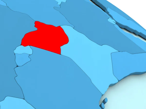 Uganda in rosso su globo blu — Foto Stock