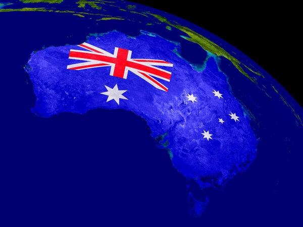 Map of Australia with embedded flag on planet surface. 3D illustration. Elements of this image furnished by NASA.