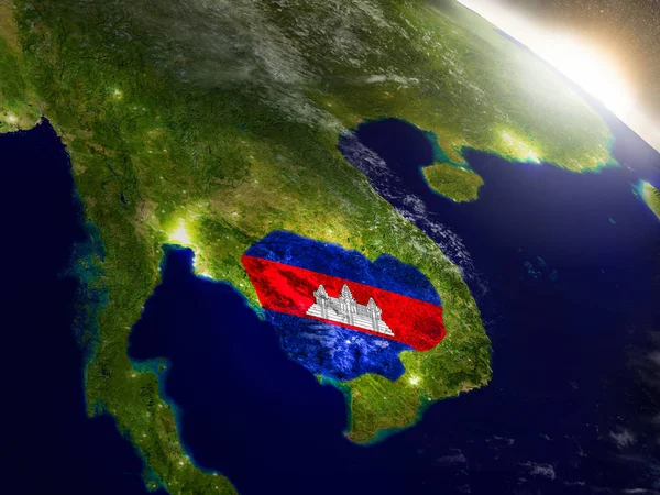 Kambodja med flaggan i stigande solen — Stockfoto