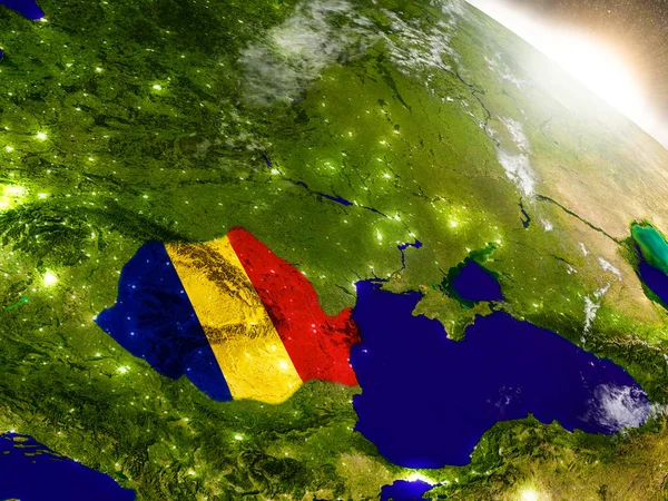 Roemenië met vlag in de rijzende zon — Stockfoto