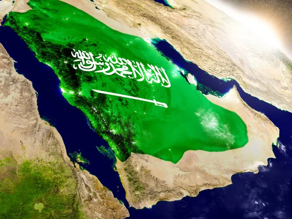 Saudi Arabia with flag in rising sun — Stock Photo, Image