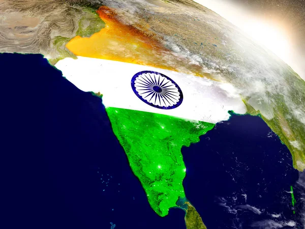 昇る太陽の旗とインド — ストック写真