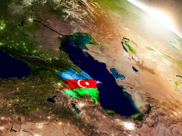 Azerbaijan with flag in rising sun — Stock Photo, Image