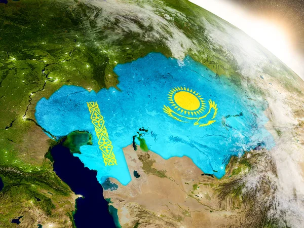 Казахстан с флагом на восходе солнца — стоковое фото