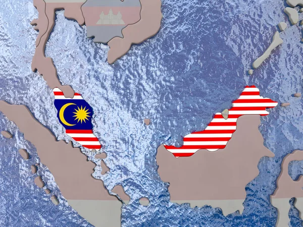 Malaysia with flag on globe — Stock Photo, Image