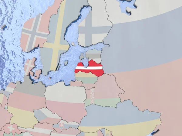 Letónia com bandeira no globo — Fotografia de Stock