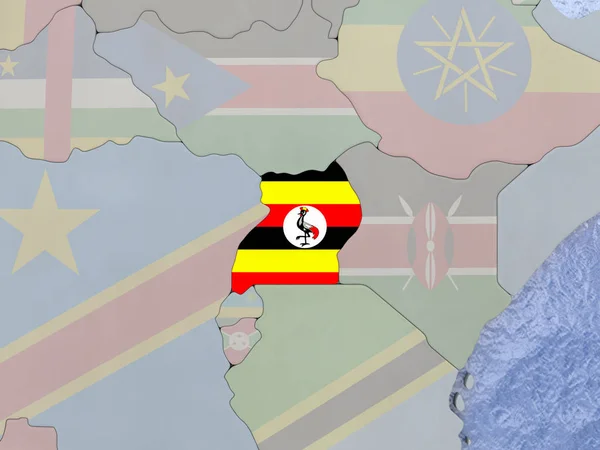 Uganda mit Flagge auf Globus — Stockfoto