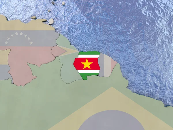 Suriname met vlag op de wereldbol — Stockfoto