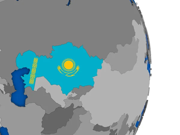 Kazachstán na zeměkouli s příznakem — Stock fotografie