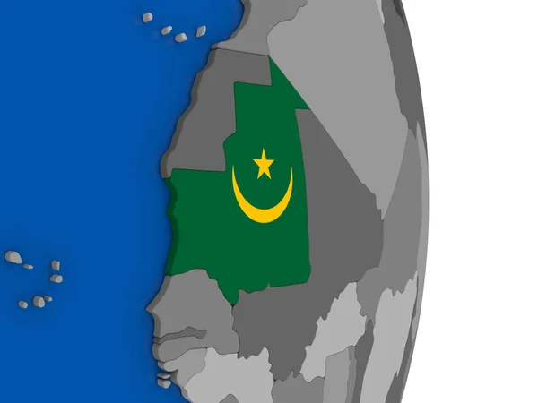 Mauritánie na zeměkouli s příznakem — Stock fotografie