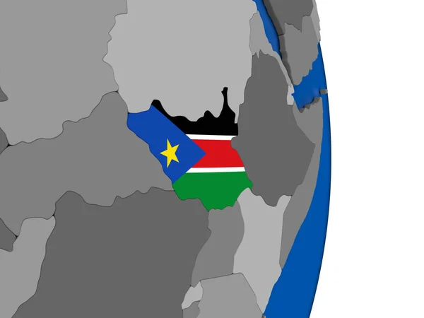 Sudão do Sul no globo com bandeira — Fotografia de Stock