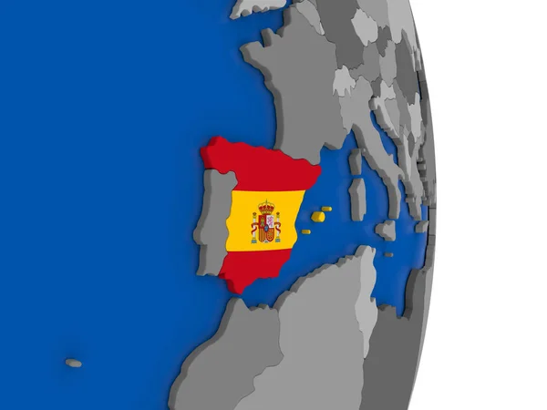 Španělsko na zeměkouli s příznakem — Stock fotografie