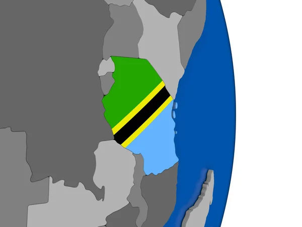 Tanzanie na zeměkouli s příznakem — Stock fotografie