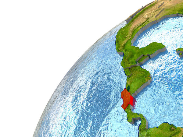 Costa Rica highlighted in red with surrounding region. 3D illustration with highly detailed realistic planet surface and reflective ocean waters. Elements of this image furnished by NASA.