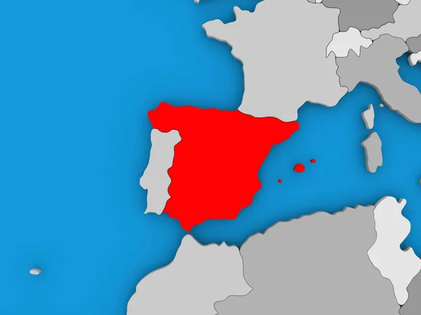 Испания в красном на глобусе — стоковое фото