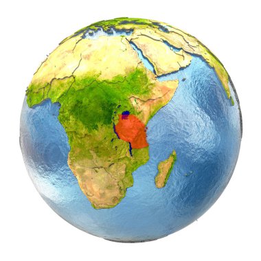 Tanzania in red on full Earth clipart