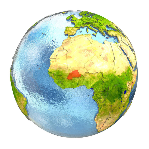 Burkina Faso highlighted in red on Earth. 3D illustration with highly detailed realistic planet surface isolated on white background. Elements of this image furnished by NASA.