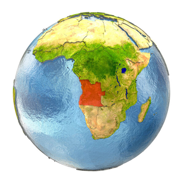 Angola highlighted in red on Earth. 3D illustration with highly detailed realistic planet surface isolated on white background. Elements of this image furnished by NASA.