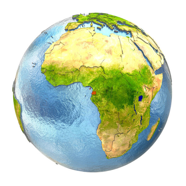 Equatorial Guinea highlighted in red on Earth. 3D illustration with highly detailed realistic planet surface isolated on white background. Elements of this image furnished by NASA.