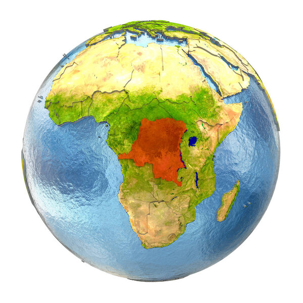 Democratic Republic of Congo highlighted in red on Earth. 3D illustration with highly detailed realistic planet surface isolated on white background. Elements of this image furnished by NASA.