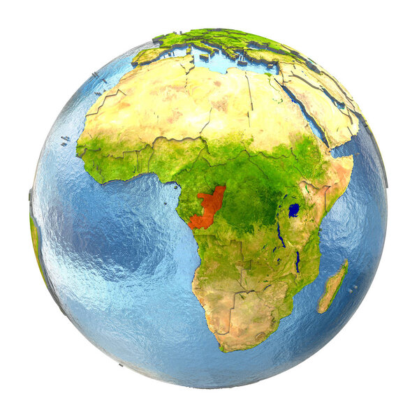 Congo highlighted in red on Earth. 3D illustration with highly detailed realistic planet surface isolated on white background. Elements of this image furnished by NASA.