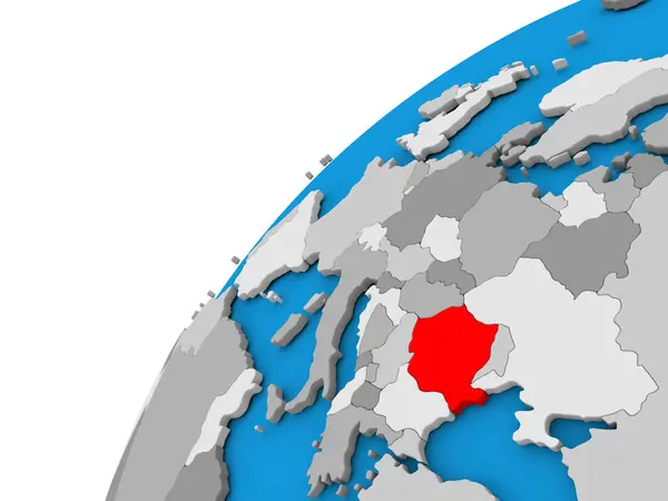 Romania on globe in red — Stock Photo, Image