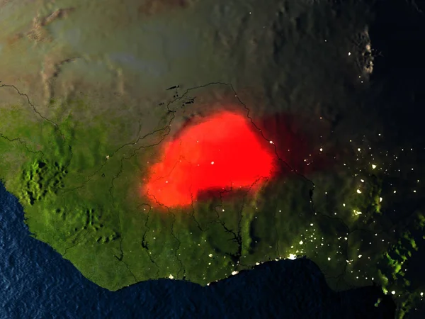 Burkina Faso en rojo desde el espacio por la noche —  Fotos de Stock
