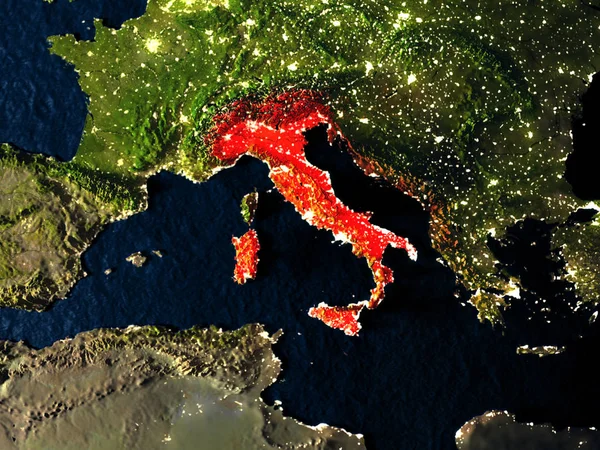Italia in rosso dallo spazio di notte — Foto Stock