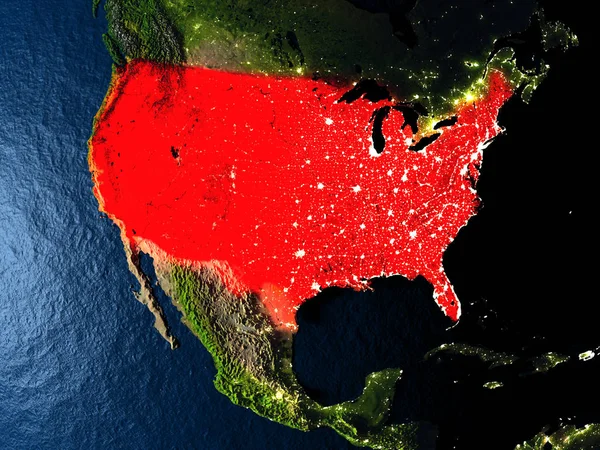 USA w kolorze czerwonym z kosmosu w nocy — Zdjęcie stockowe