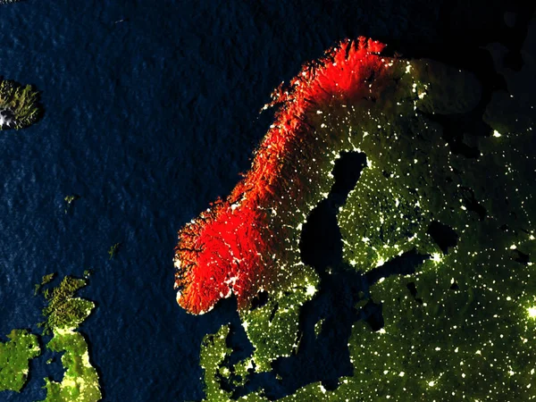Νορβηγία σε κόκκινο χρώμα από το διάστημα τη νύχτα — Φωτογραφία Αρχείου