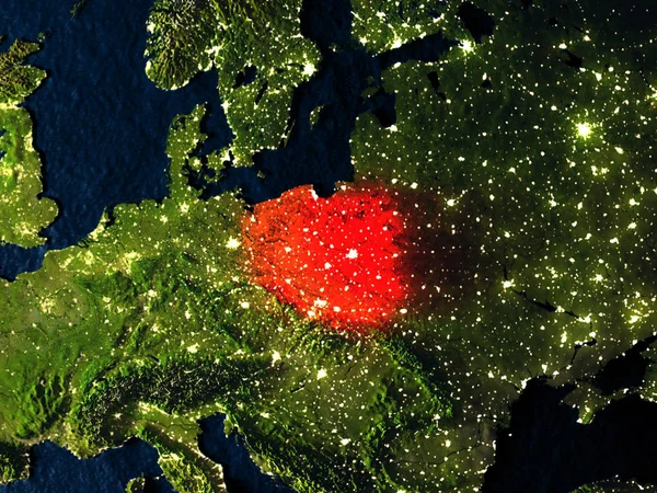 Poland nachts in Rot aus dem All — Stockfoto