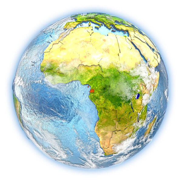 Equatorial Guinea highlighted in red on planet Earth. 3D illustration isolated on white background. Elements of this image furnished by NASA.